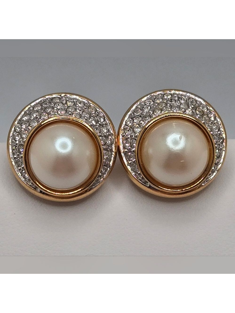 Vintage Monet Faux Pearl & Pave Crystal Clip-On Earrings Gold Tone